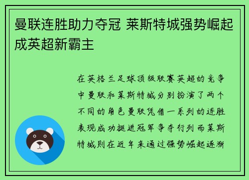 曼联连胜助力夺冠 莱斯特城强势崛起成英超新霸主