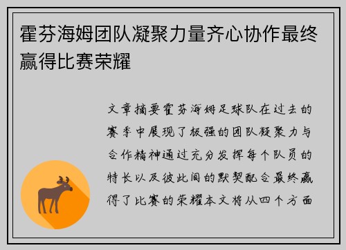 霍芬海姆团队凝聚力量齐心协作最终赢得比赛荣耀