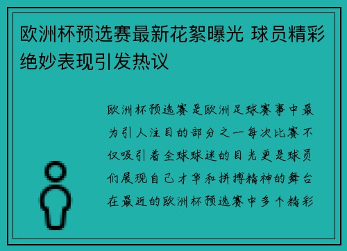 欧洲杯预选赛最新花絮曝光 球员精彩绝妙表现引发热议